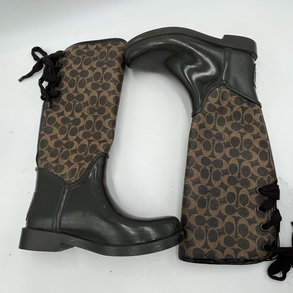 Coach Signature Brown Tristee Insulated Snow/Rain Boots Corset Lace Up Size 9
